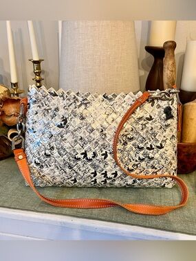 Nahui Ollin Black & White Woven Graphic Shoulder Bag with Orange Strap